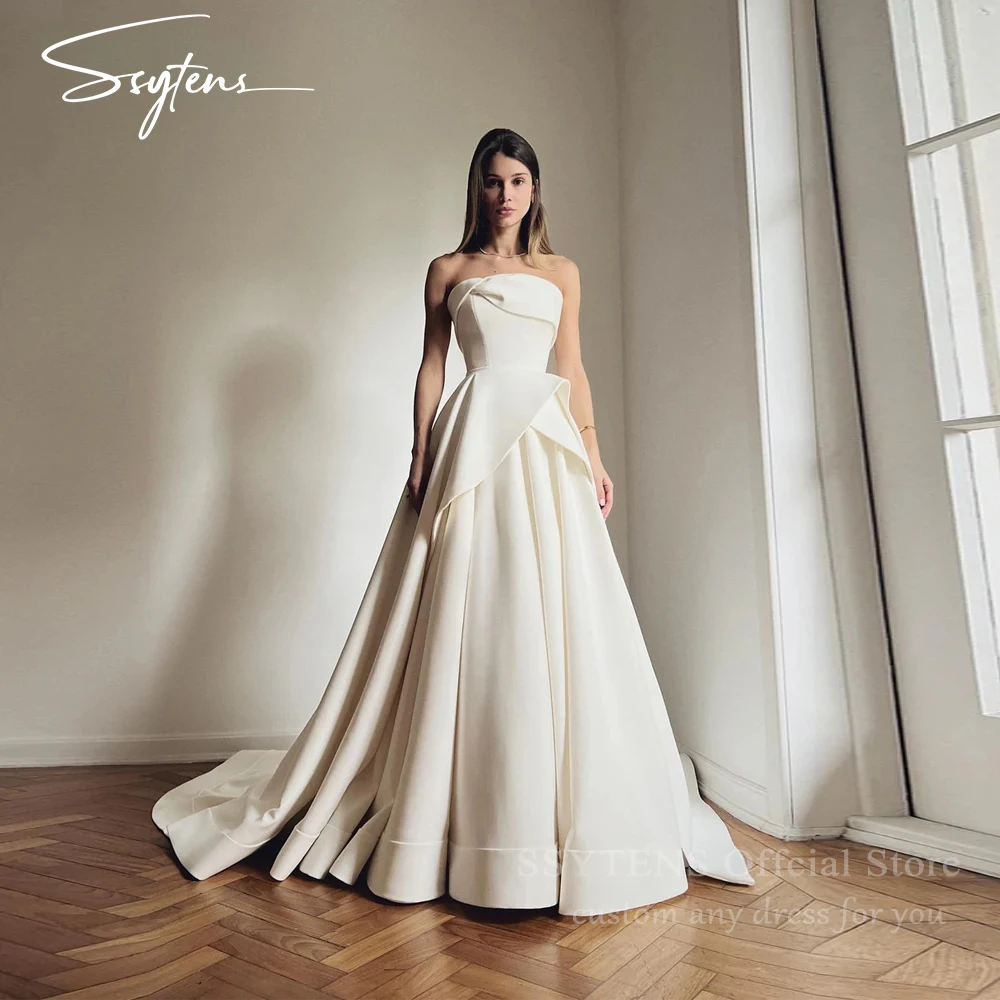 SSYTENS Prinzessin Elfenbein Brautkleider für Frauen, trägerloses Brautkleid, maßgeschneidert, Verlobungsfeier, Anlässe, langes Zivil-Brautkleid