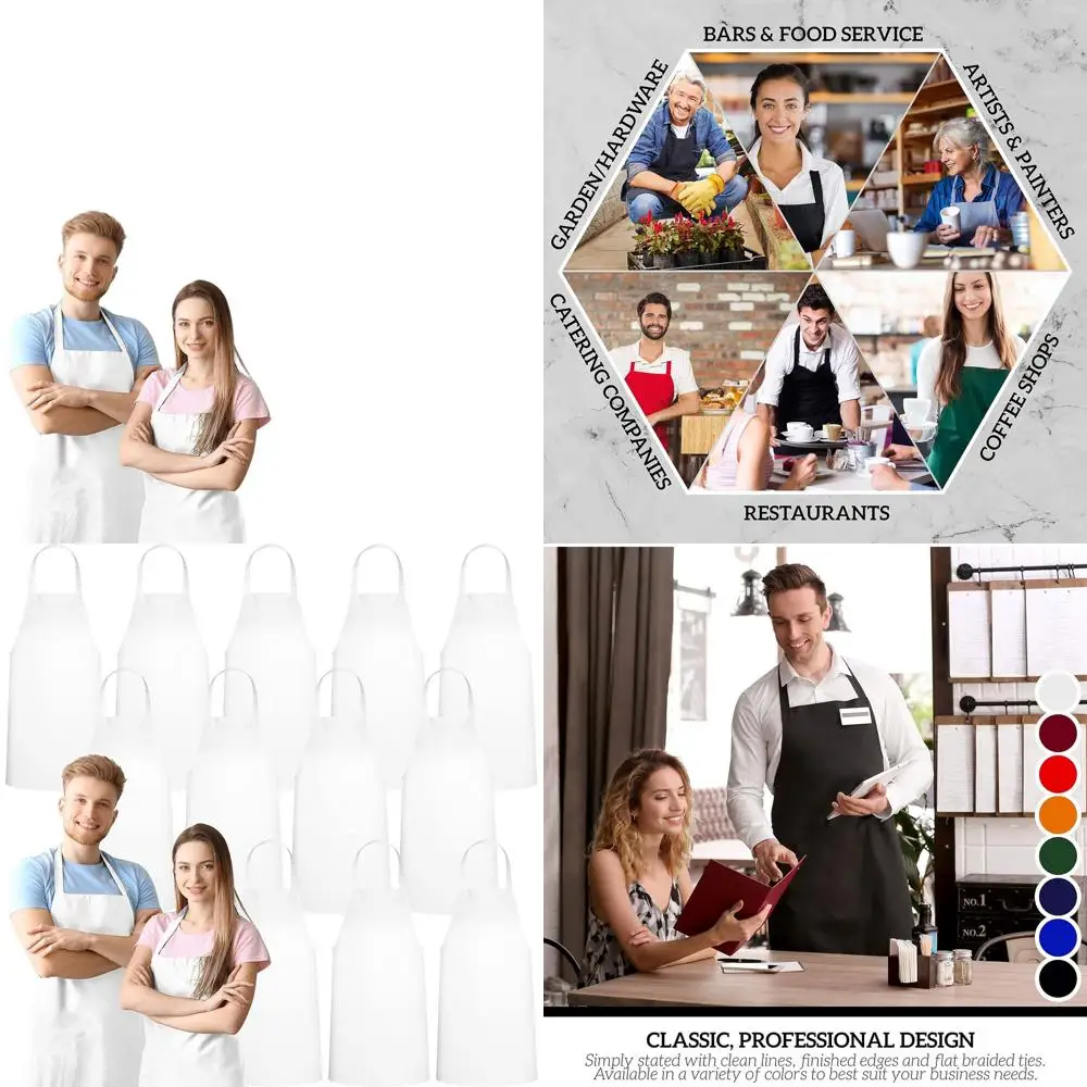 

12-Piece Unisex White Aprons Set, Machine Washable for Kitchen and BBQ, Bulk Pack (No Pockets)