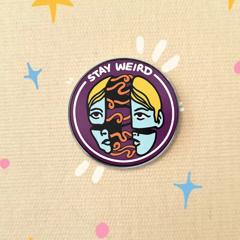 Quirky “Stay Weird” Double Face UV Printing Pin Purple Background Orange Swirls Brooch Unique Art Lapel Badge Gift For Friends