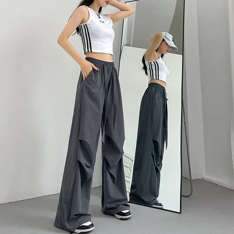 ストリートウェア ルーズストレートパンツ レディース 2025 夏 薄手 速乾 カーゴパンツ 女性 ウエストゴム レースアップ パラシュートパンツ