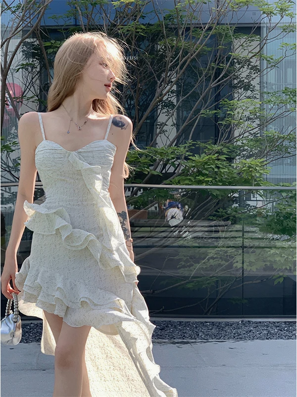 

Sweet and Spicy Girl Lotus Edge Sling Dress Fairy Summer Fragmented Flower dress Irregular Style Beach dress Low collar CVYG