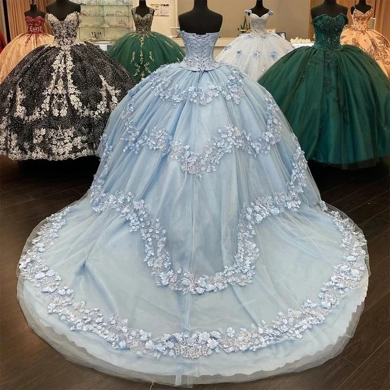 Angelsbridep Light Blue Ball Gown Quinceanera Dresses Vestidos De 15 Años Sweetheart Appliques Sweet 16 Prom Dresses Birthday