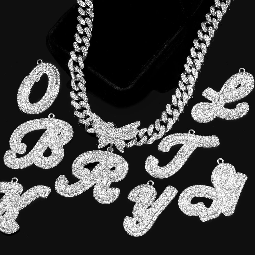 2023 Silver Color Prong Miami Cuban Chain Necklace Punk Crystal Butterfly Cursive Letter Cuban Necklace Hip Hop Jewelry Gifts