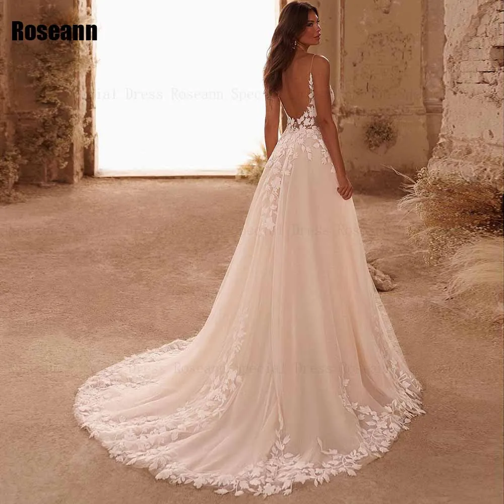 Mangas A linha cetim vestido de casamento com Applique, Escova Trem, Open Back Noiva Vestidos, Pavimento até, Exquisite, 2024