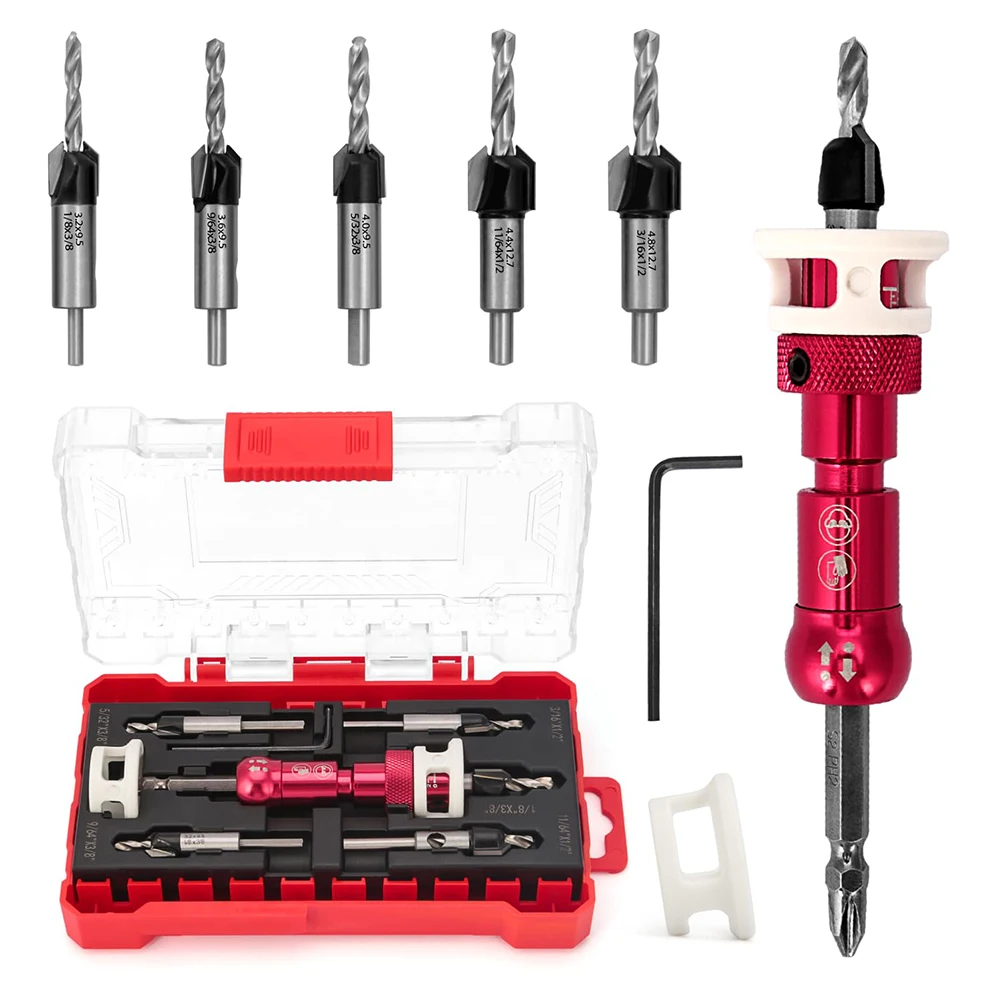 Carbide Countersink Drill Bit Set of 5 with 14 Inch Quick Release Hex Shank and Adjustable Stop for Enhanced Performance