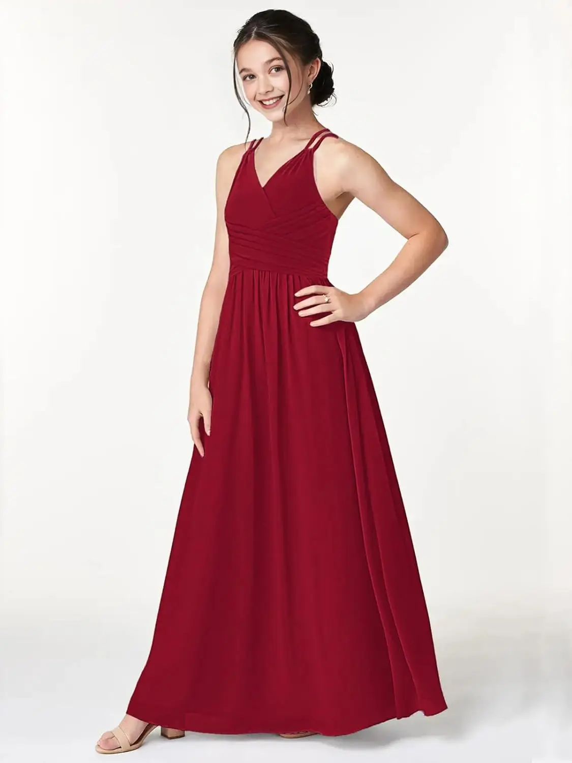 Uma linha com decote em V vestidos de dama de honra júnior vestido de menina de flor de chiffon plissado com alças cruzadas