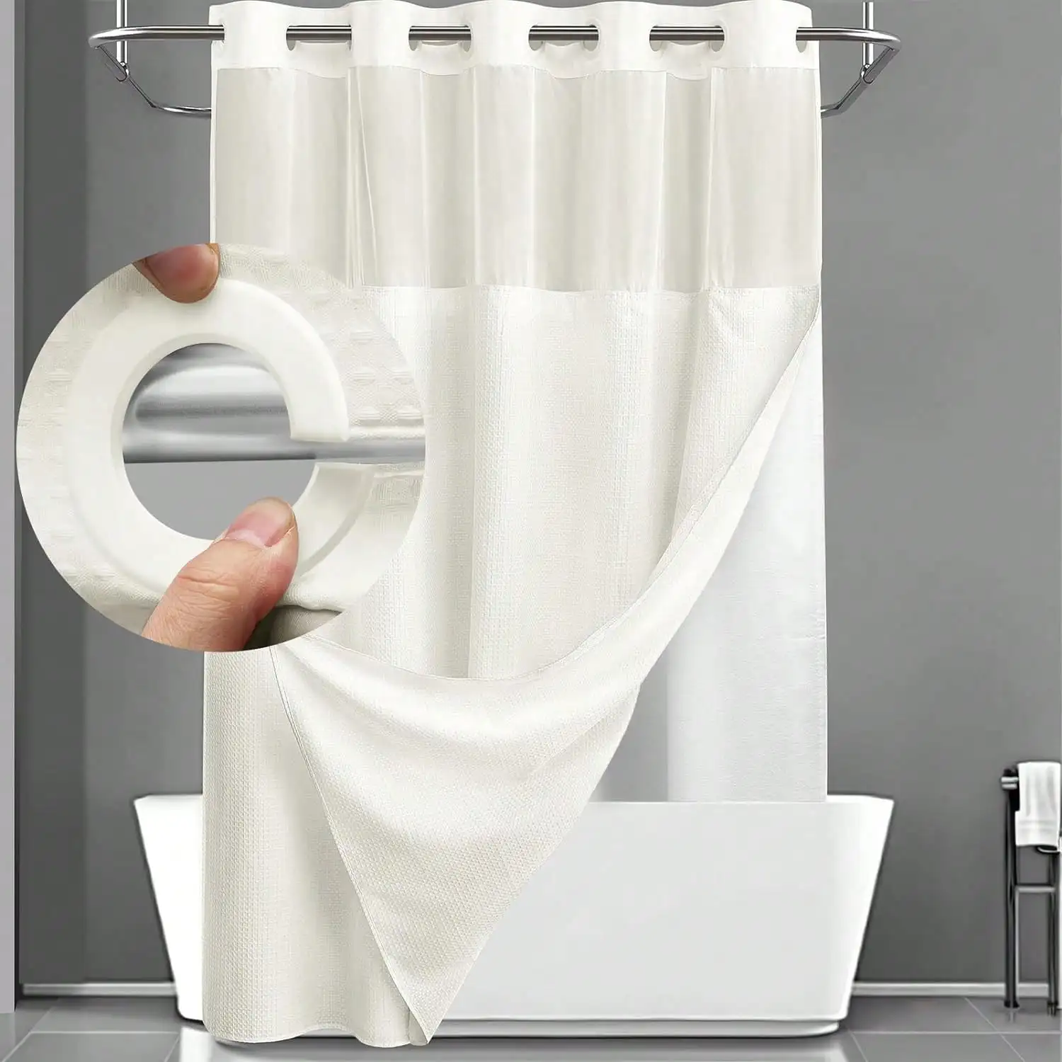 1PC Waffle Double Woven Shower Curtain, No Hook, Clear Top Window Hookless Shower Curtain With Snap Lined Waffle Shower Curtain Hotel Style Double Layer Machine Washable And Easy To Clean Bathroom Partition 72" X 75".