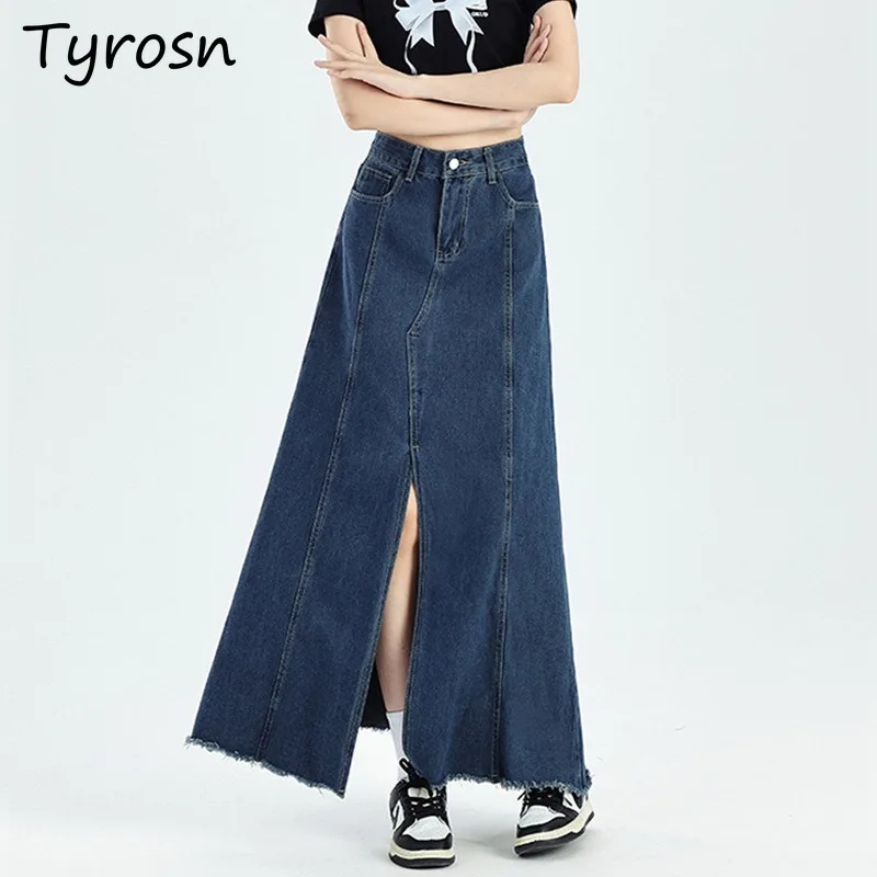 

Denim Skirts Women Retro Design Raw Edge Slit New Slim High-waist Autumn All-match Cool Girl Personality Popular Casual Simple