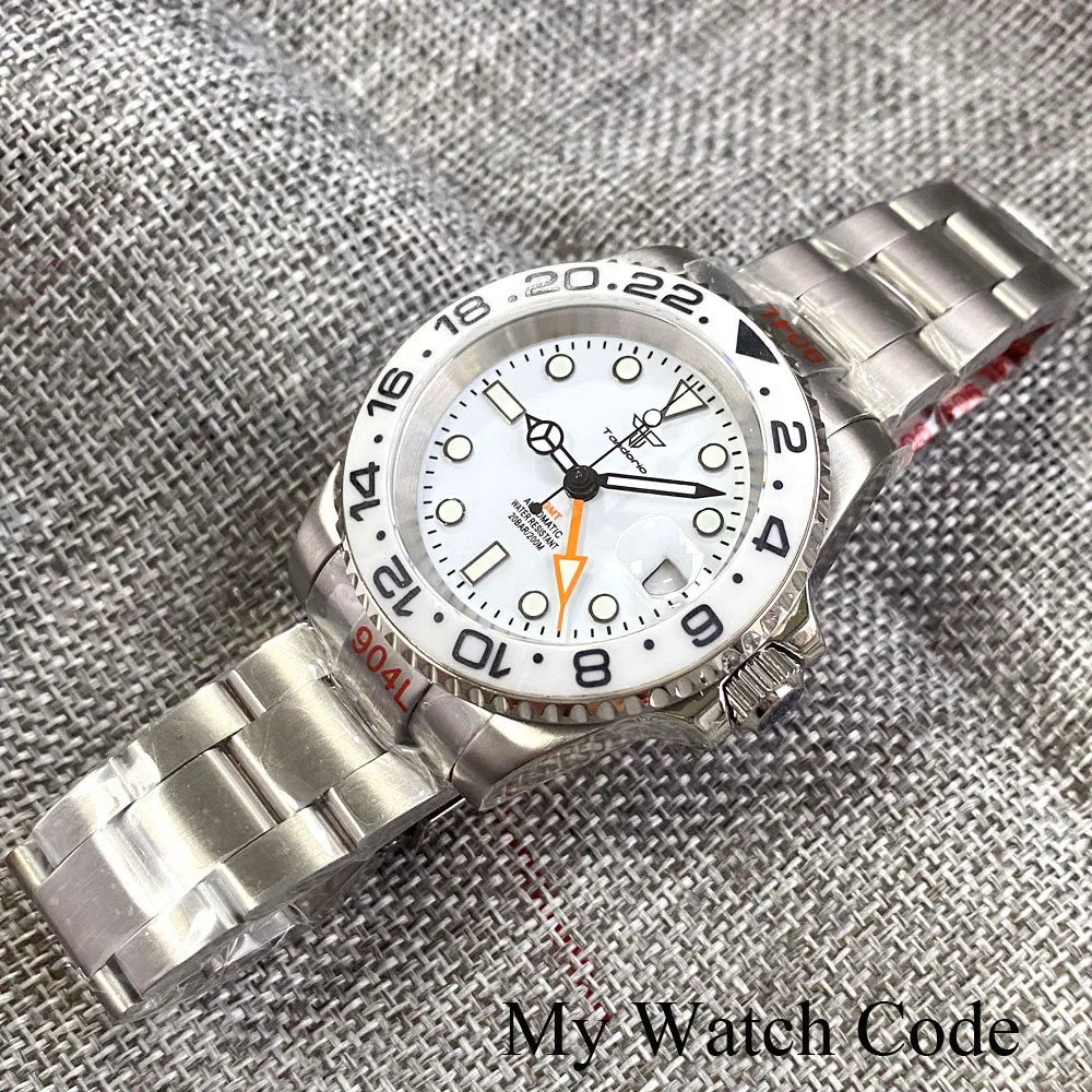 NH34A GMT Mechanical Watch for Men 200m Waterproof Divers Greenwich Steel White Wristwatch 904L Jubilee Bracelet 120Click Clock