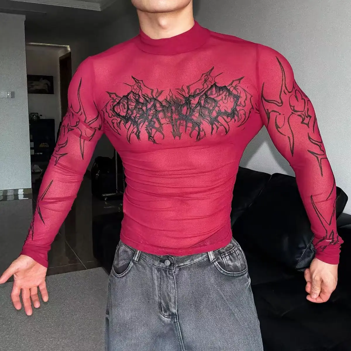 

Vintage American style Mesh Printed T-shirt Man Sexy Perspective Long Sleeved Tops Stage Show Party Theme Dance Wear