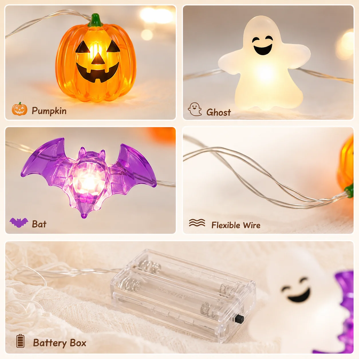 1 Stück 20/30 LED Halloween Kürbis Geist Fledermaus Lichterkette Batteriebetrieben Gruselige Feenlichter für Heimdekoration, Indoor-Party, Festivaldekoration – Detail 5