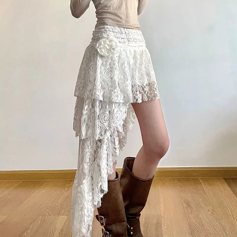 Deeptown Vintage Boho Lace Skirt Women White Asymmetrical Skirts Elegant Fairycore Korean Fashion Tull Irregular Short Mid Skirt