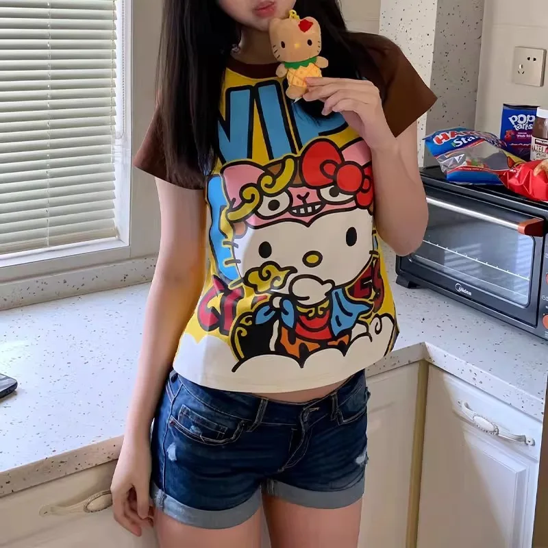 

Sanrio HelloKitty Short Tops Y2K Women Summer Anime Fashion Tees Cartoon Printed High Street Gothic Short Sleeve T-Shirts S-XL