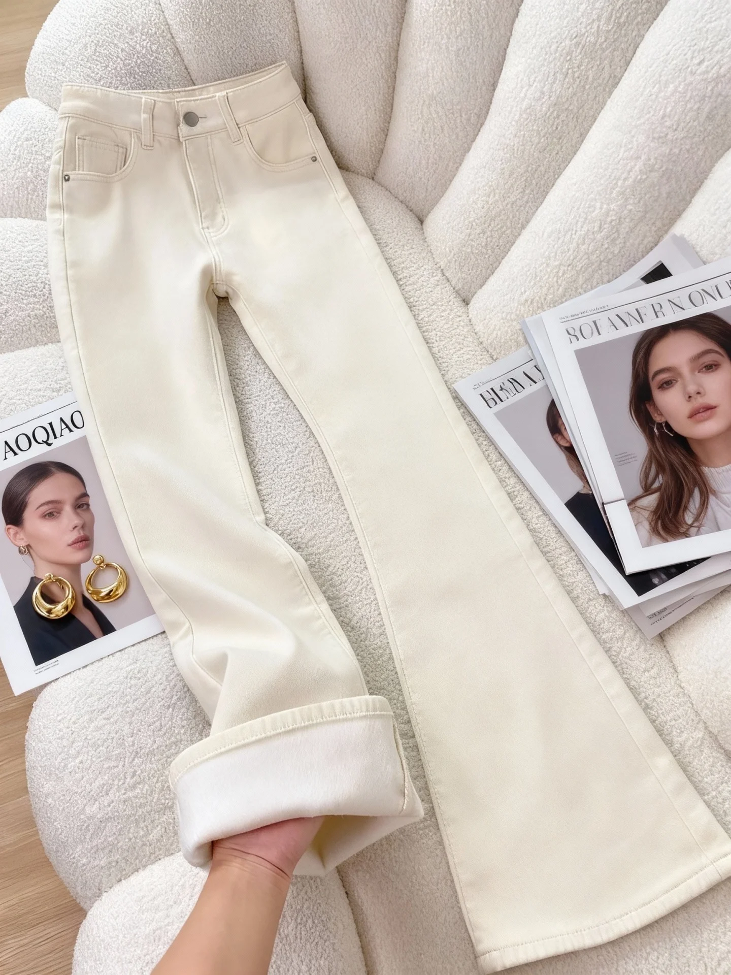 Thiened Fce الشتاء عالية الخصر جرس بوت الجينز المرأة حجم كبير التخسيس مرونة ort حجم كبير السراويل متوهج #4