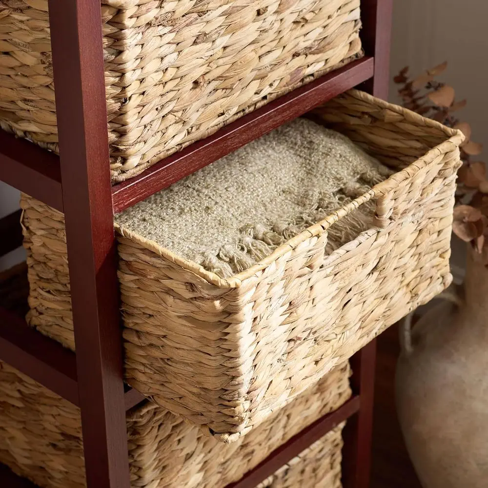 5-Drawer Wicker Storage Tower with Cherry Finish, Fully Assembled
