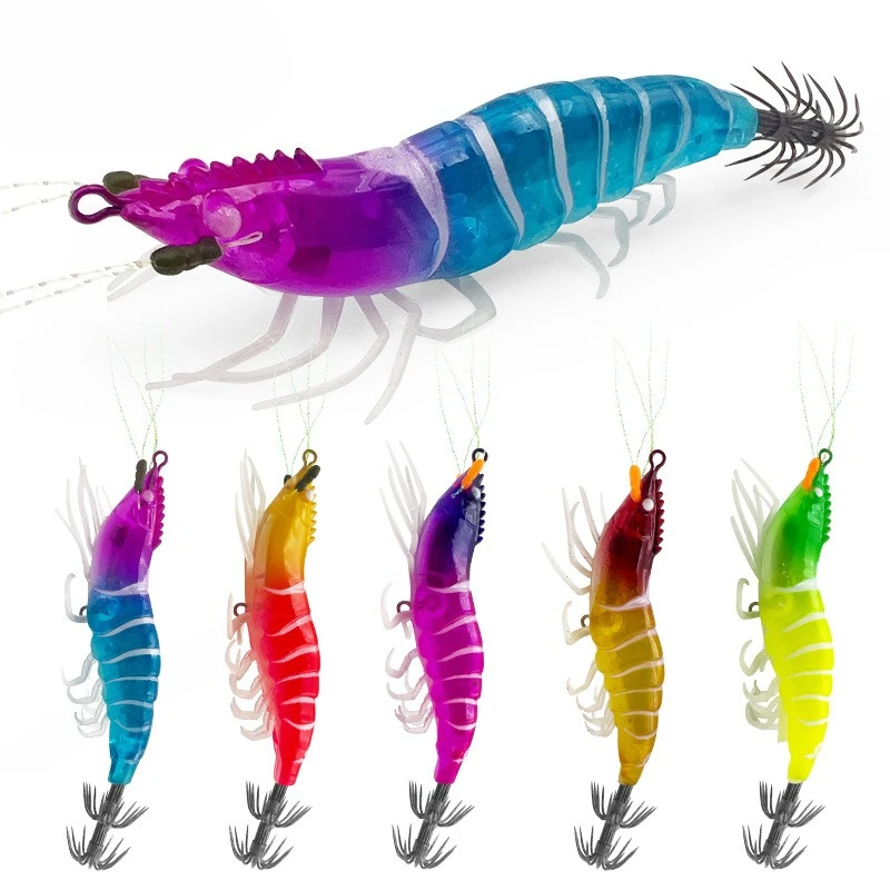 

1pc Simulation Shrimp Fishing Lure Glow Squid Jig Luminous Horizontal Slow Sinking Lure Webfoot Wood Shrimp Octopus Bait