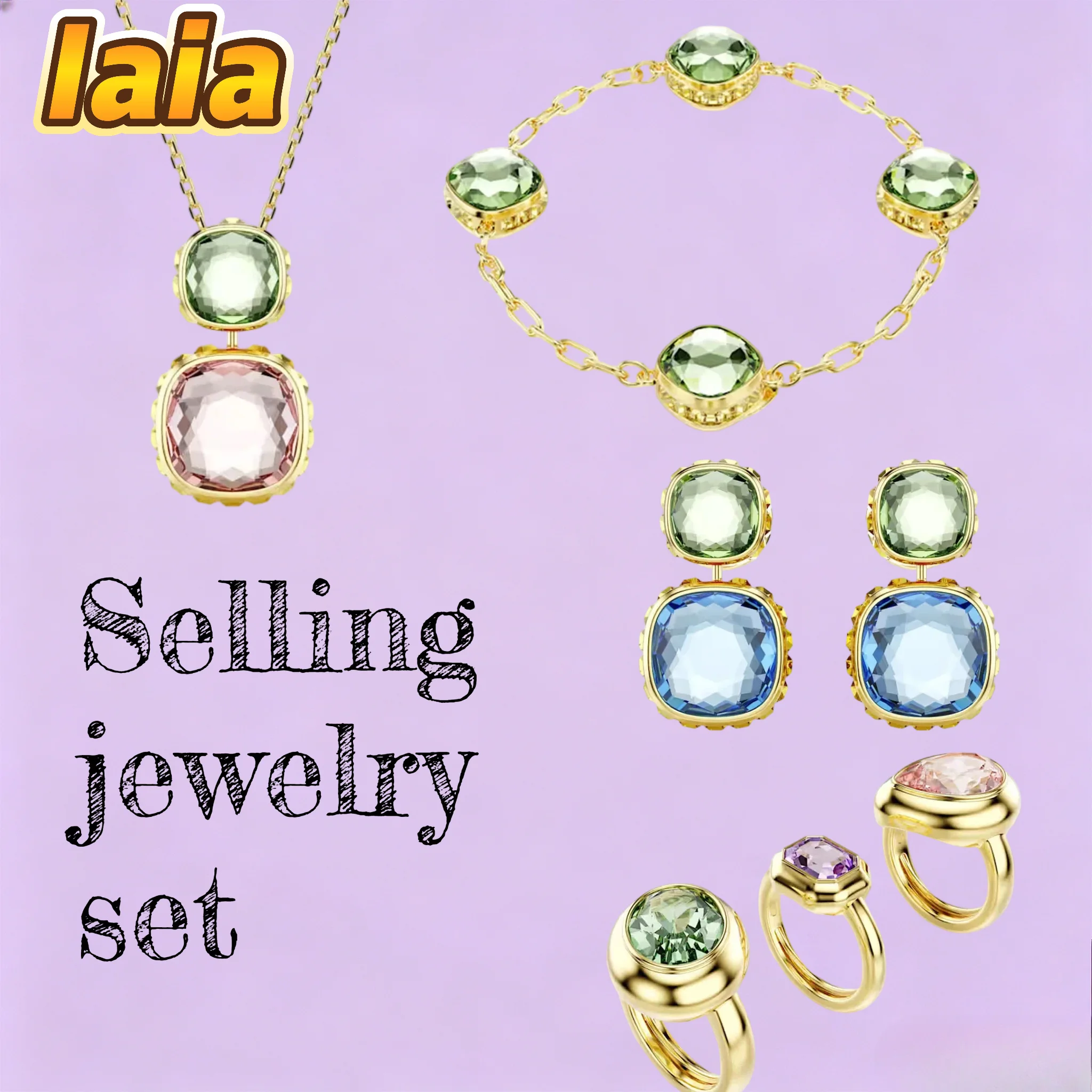 Hot selling original Exquisite Reversible Square  Crystal Bracelet Necklace Earrings Ring Fashion Women's Jewelry Set Party Gift