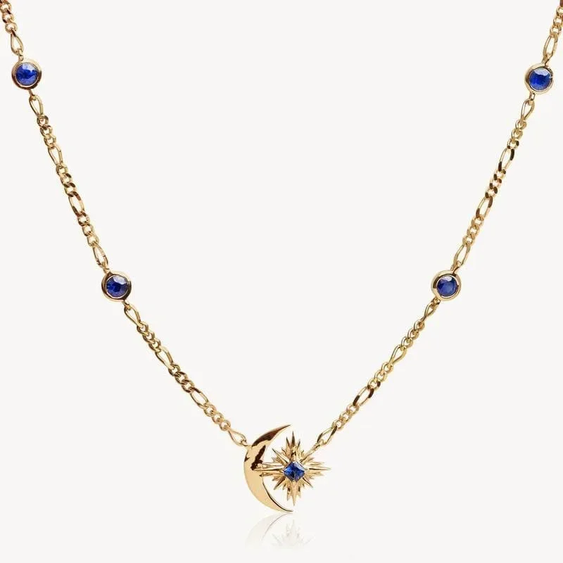New Stainless Steel Starand Moon Sapphire Necklace Women\'s Retro Geometric Gold Plated Zircon Necklace Party Jewelry