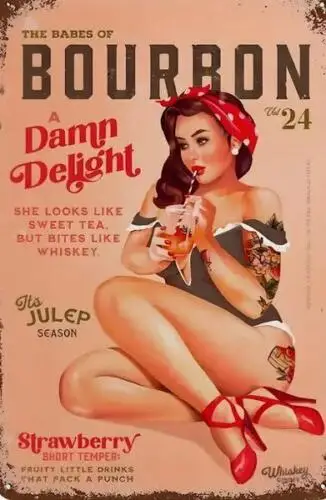 BABES OF BOURBON WHISKEY METAL TIN SIGN SEXY GIRL RED HEELS TATTOO VOL 24 BAR sign