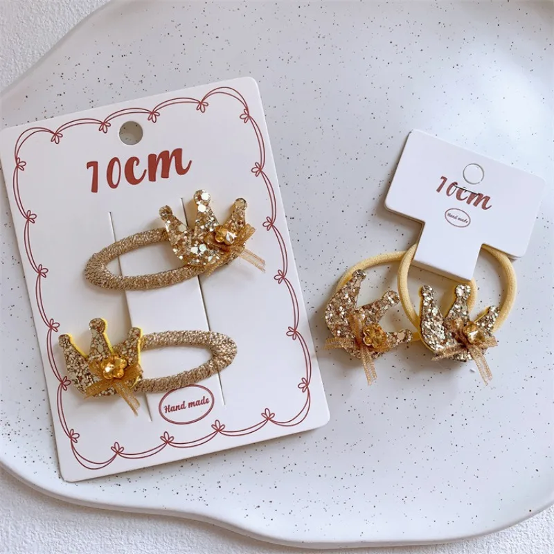 

Golden Sparkly Crown Hair Clips Scrunchies Sweet Girls Side Bangs Barrettes Ponytail Holders Glitter Rhinestone Daily Wear New