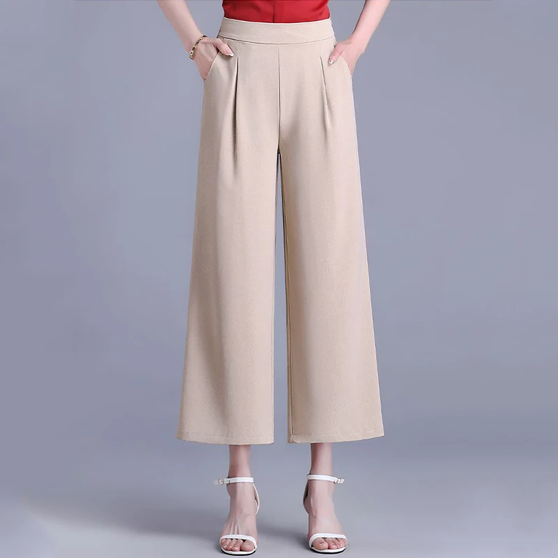 Simplicity Casual Summer Solid Pants Ice Silk Women\'s Elastic Waist Pockets Button Fashion High Waist Wide Leg Cropped Trousers