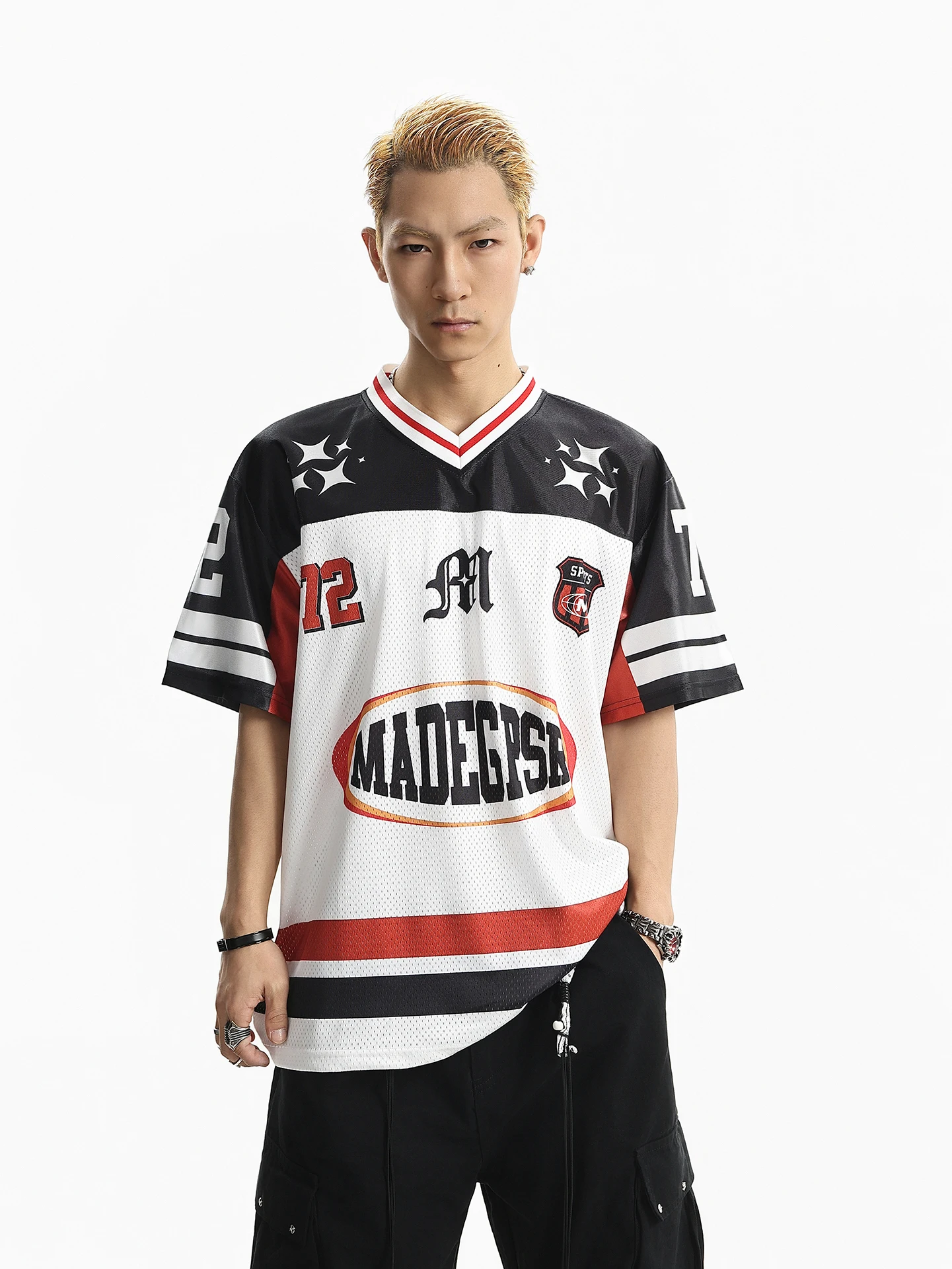 

BETEBULE American High Street V-neck Short Sleeve T-shirt Men's Summer Trendy Loose Sport Top Printed Color Block Youth Fashion