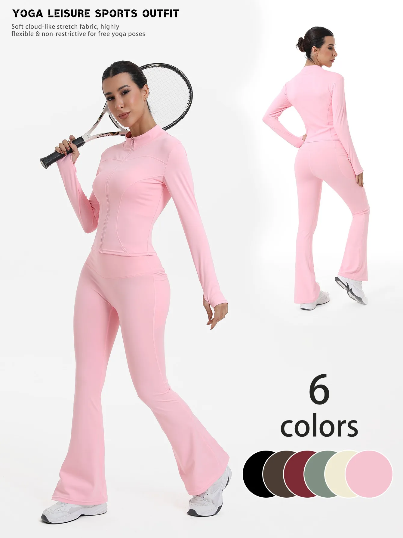 Conjunto de Roupas Casuais Femininas Fitfemme com Calças Boca de Sino e Jaqueta com Bolsos, Leggings de Cintura Alta para Yoga e Corrida