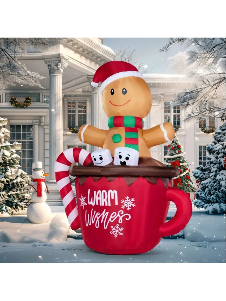 Sloosh 6 FT Weihnachts-Aufblasbare Lebkuchenmann-Kakaotasse, Outdoor-Dekoration, Aufblasbare Gartenfigur mit Eingebauten LEDs für Feiertagspartys