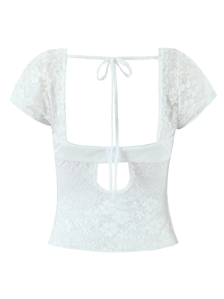 تشو ساو بيوتي 2025 تي شيرت نسائي أنيق من الدانتيل أنيق بفيونكة مقصوصة عتيقة برقبة على شكل حرف v وأكمام قصيرة تي شيرت مثير ضيق بدون ظهر #2