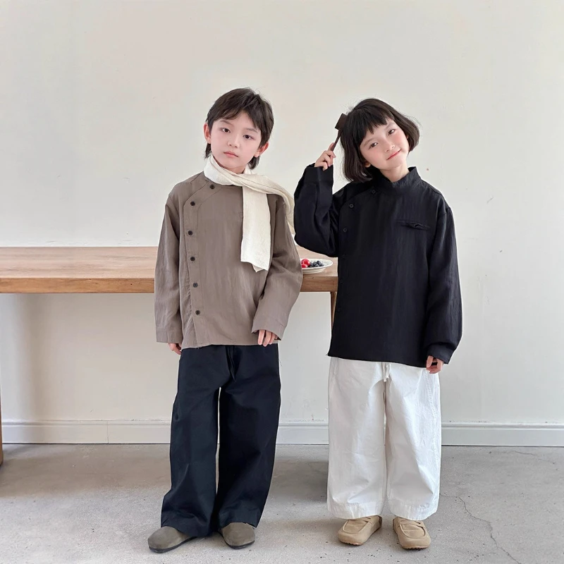 

2025 Autumn New Children's Design Slant Collar Fashion Stand Collar Craftsman Style Top