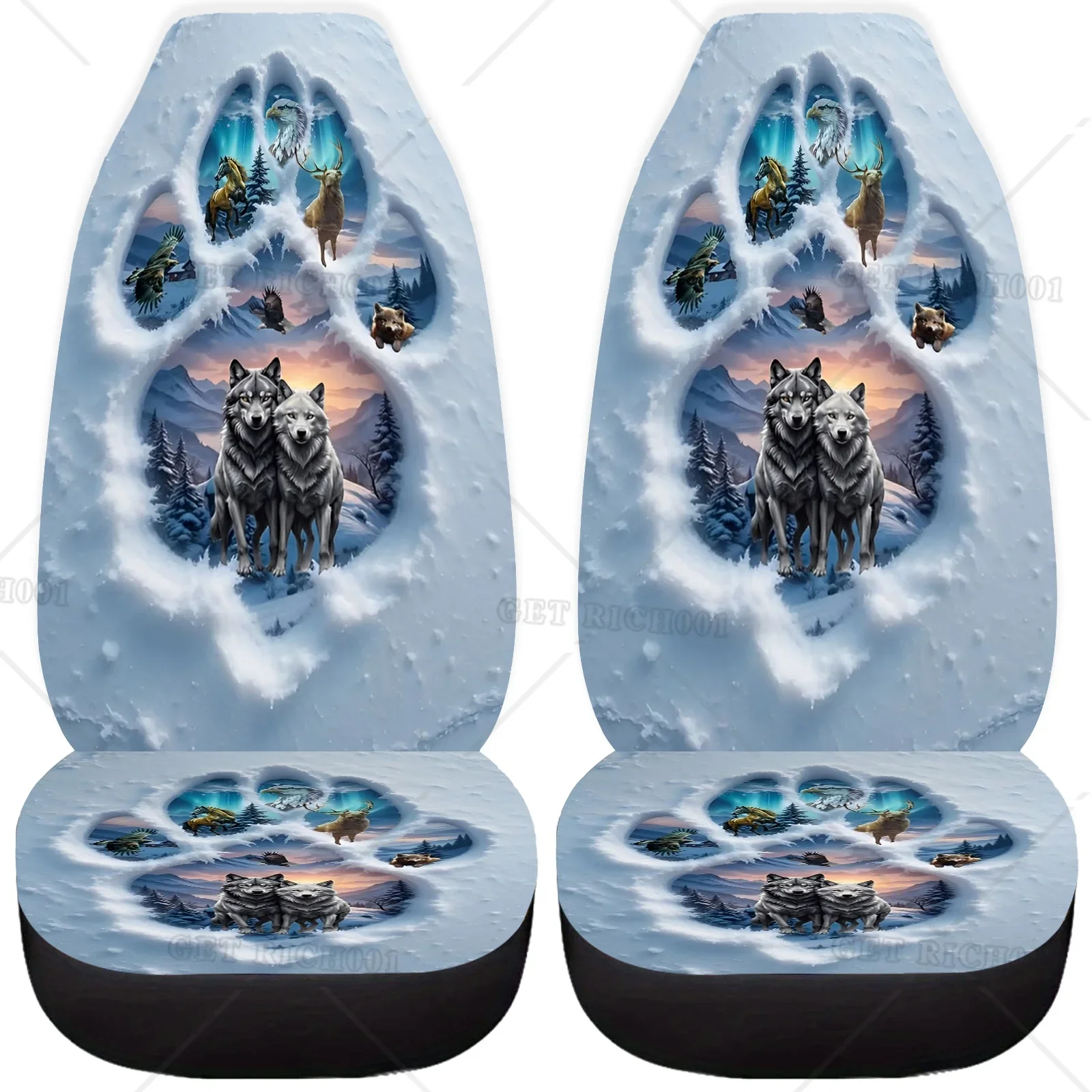 

2 uds. Fundas para asientos coche con estampado escena invierno lobos y marcas garras nieve aptas para coches SUV camiones