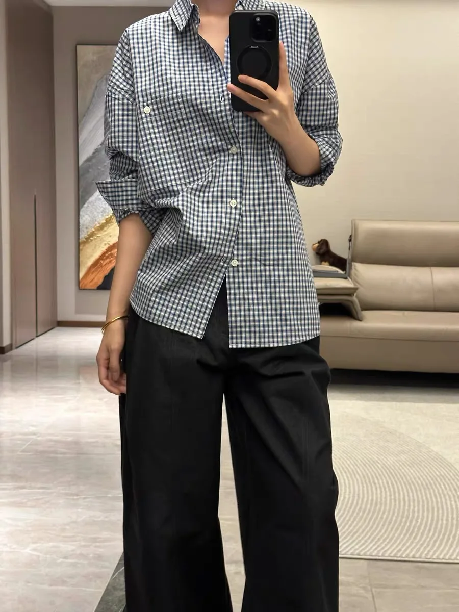 Мужская осенняя универсальная верхняя одежда в клетку в стиле ретро, сине-белую клетку Long Sve, хлопковая повседневная одежда на пуговицах