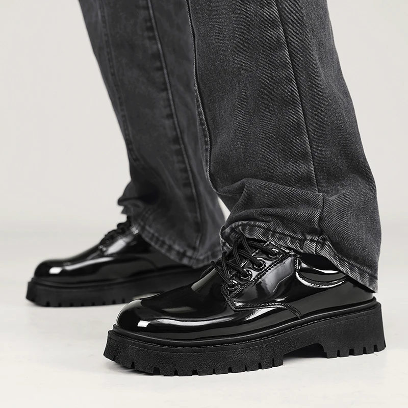 Schwarze Herren-Freizeitschuhe aus Lackleder, Plateau-Schnürschuhe, Business-Schuhe, Büro-Arbeitsschuhe, Party-, Hochzeits- und formelle Schuhe – Detail 11