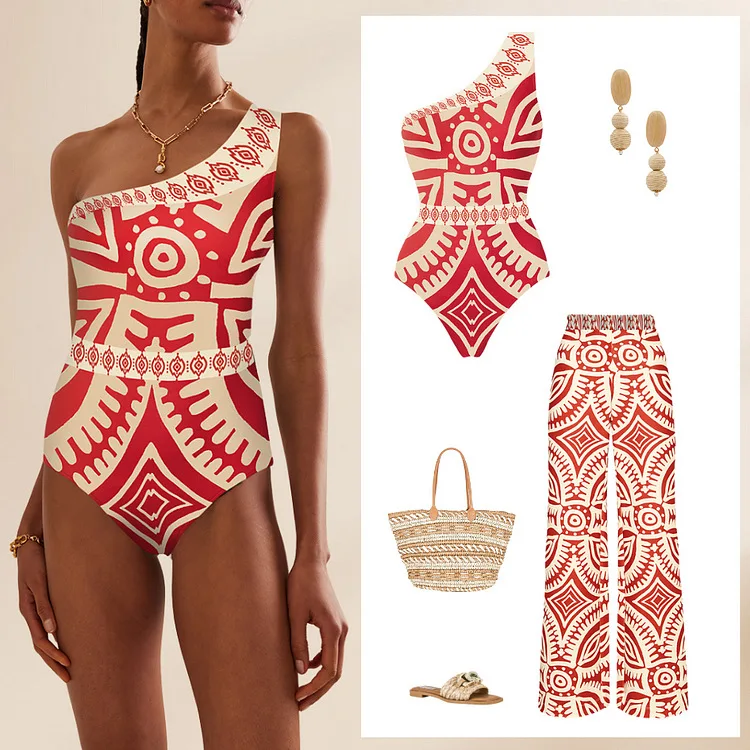 Women Swimsuits One Piece Abstract Patterned Fitting Swimsuit with Beach Pants