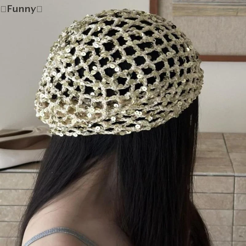 ΣFunny SigurRetro Hohle Pailletten Beanies Cap Y2K Sommer Herbst Dünn Atmungsaktiv Vielseitig Show Face Little Cute Pullover Hüte Damen