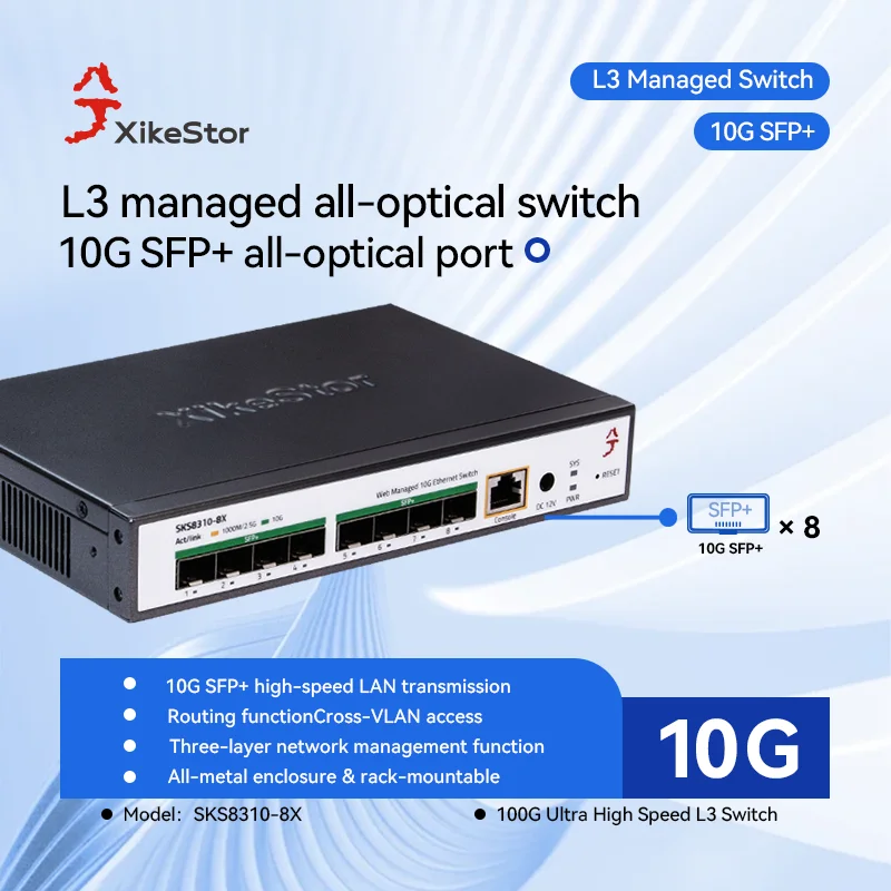 XikeStor 3-Layer Management Full 10G Switch, Cost-Effective Switch, 8 1G/2.5G/10G SFP+ Optical Ports + 1 RJ45 Console Manage