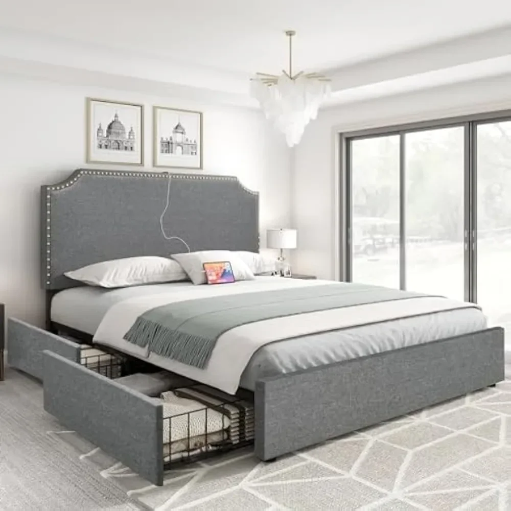

%a King Size Bed Frame, Upholstered Platform Bed with USB & Type-C Ports for Charging Your Devices, Easy Assembly，Bed Frame