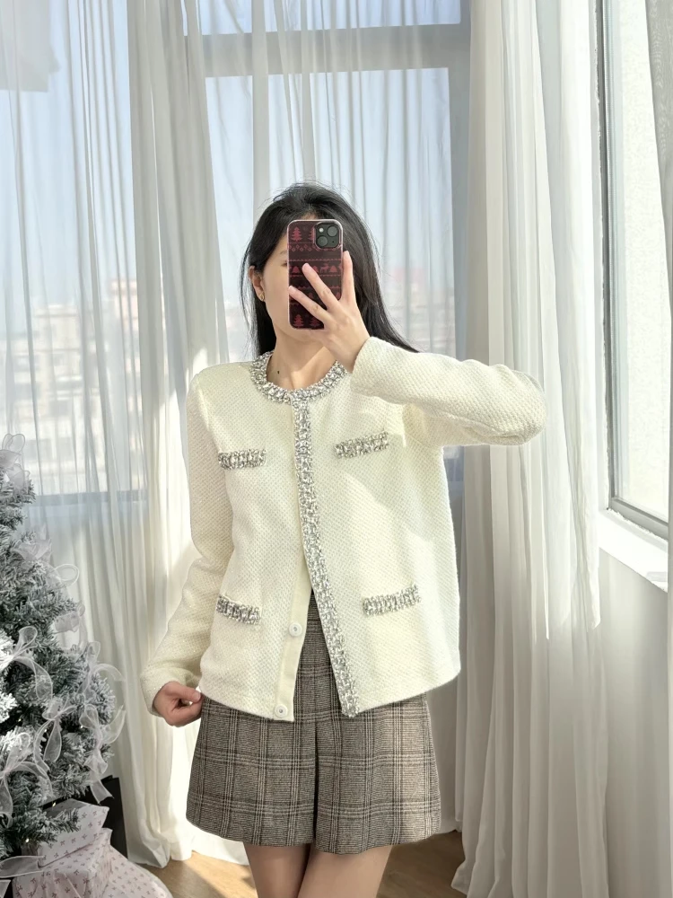 Women's Sweater Knit Cardigan, Rhinestone Decoration, O-Neck, High Street, Elegant Style, Chic, Fashionable, Design, Trendy, New