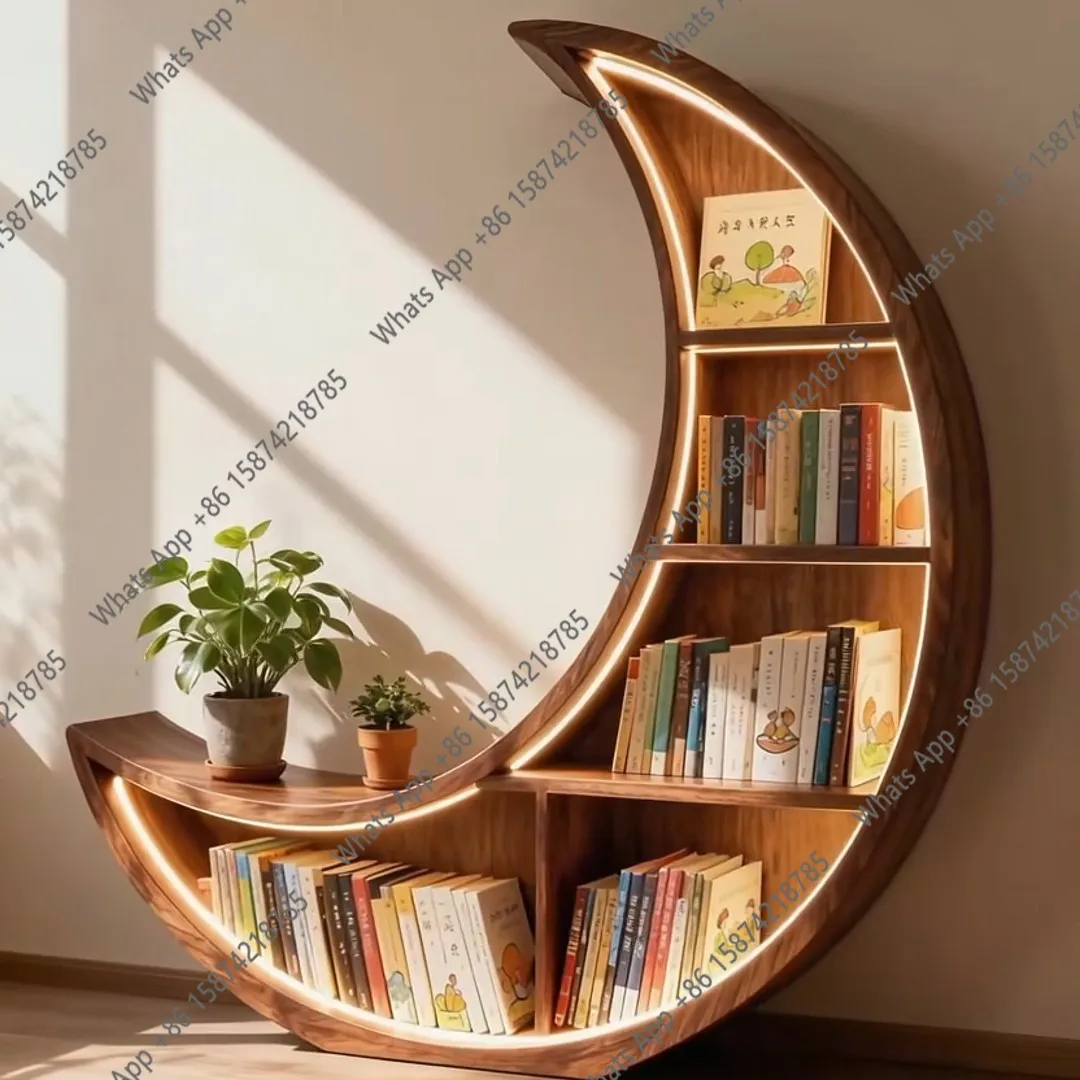 

New Chinese-style North American black walnut moon bookshelf, aesthetic special-shaped bookshelf, integrated storage bookcase