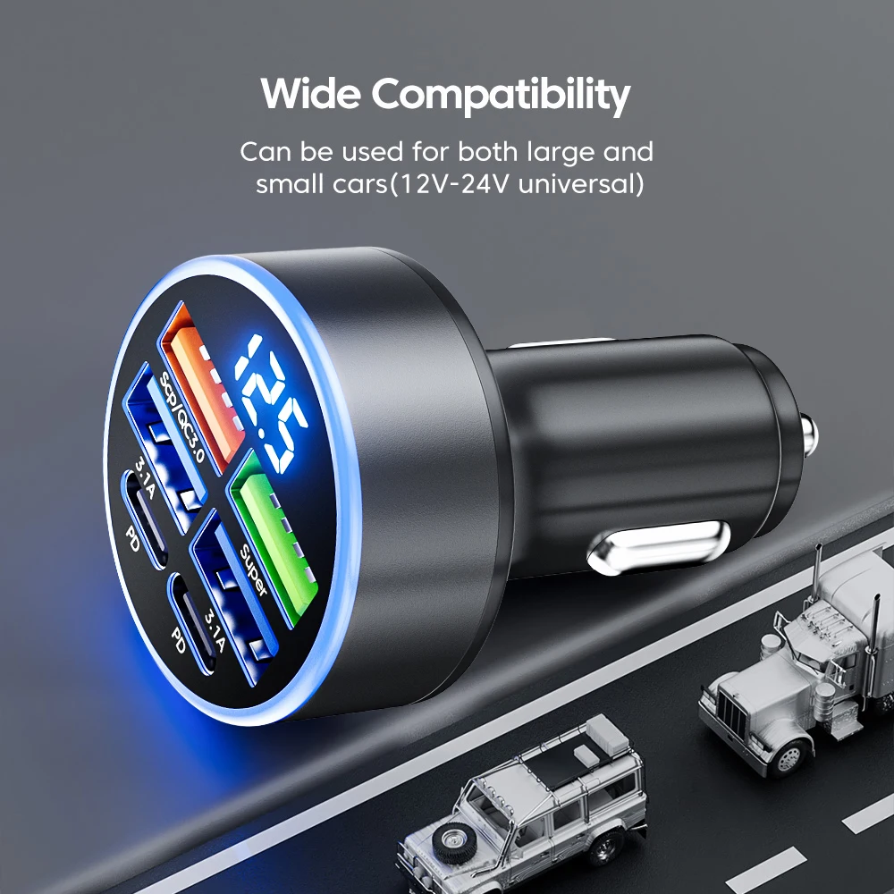 

6-Port 100W Car Charger Fast Charging 4USB+2Type C Car Phone Charger QC3.0 Adapter in Car For iPhone Samsung Huawei Xiaomi