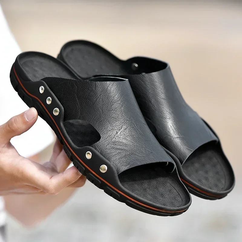 Genuine Leather Sandals Men's Comfortable Slipper Man Luxury 2024 Male Shoes Sneakers House Slippers Man Summer Flip Flop Slides