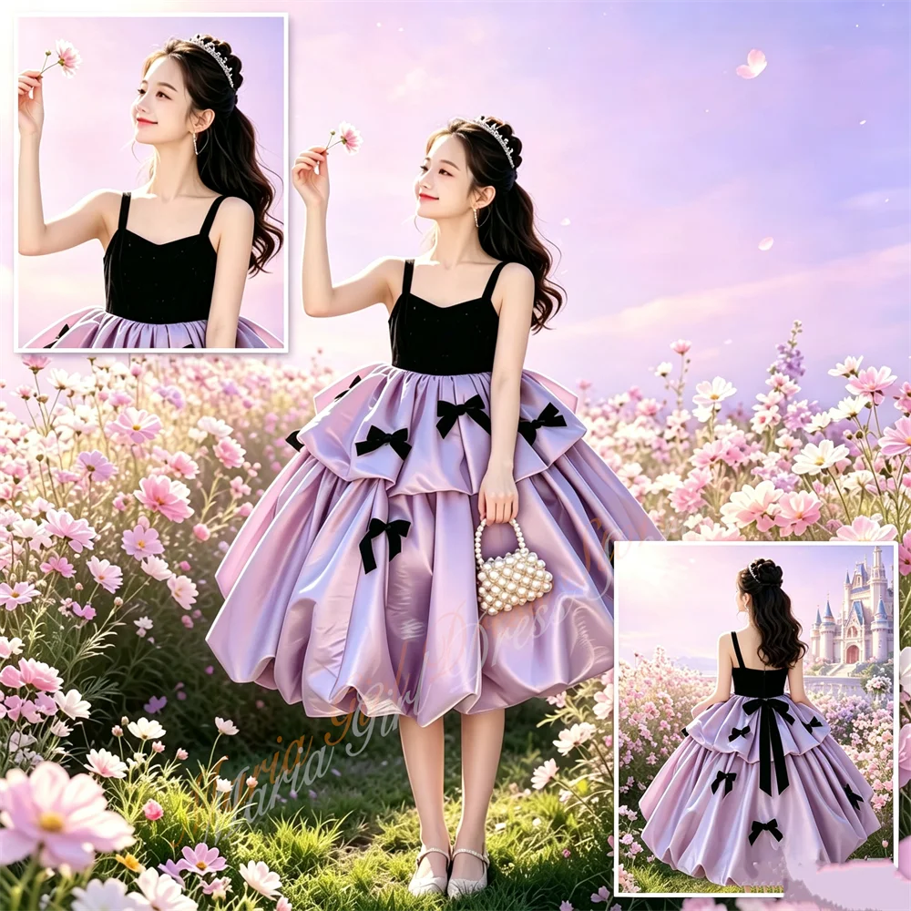 Flower Girl Gown for Wedding Black Bow Decoration Party Fluffy Children Birthday Banquet Performance Host Clothes
