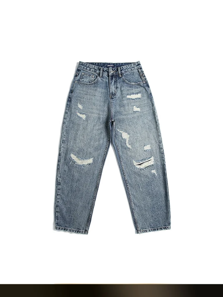 

Ретро-джинсы в американском стиле, летние, новые, свободные, прямые, повседневные, с эффектом потертости, из смесового хлопка и полиэстера