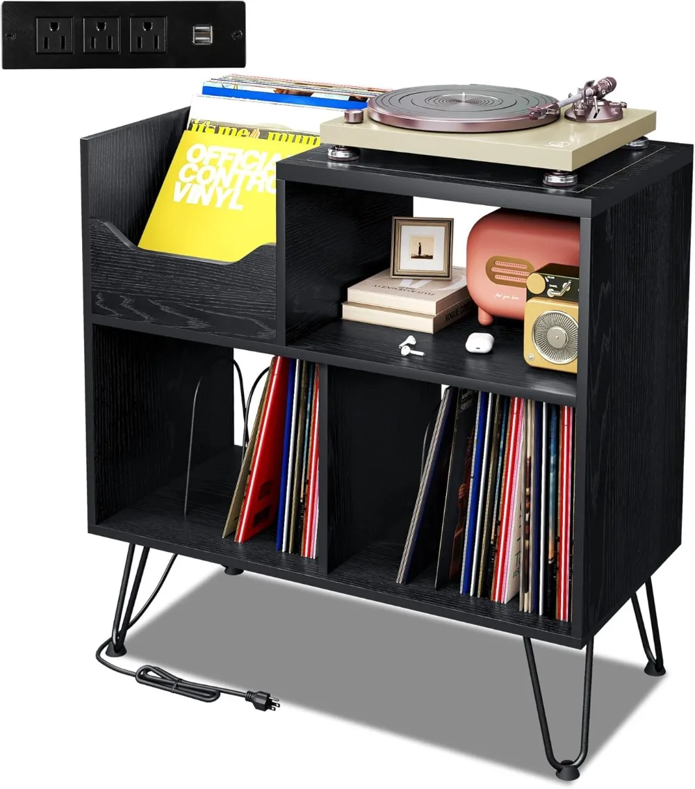 Record Player Stand with Vibration-Isolated Turntable Design, Vinyl Record Storage Table with Charging Station (Black)