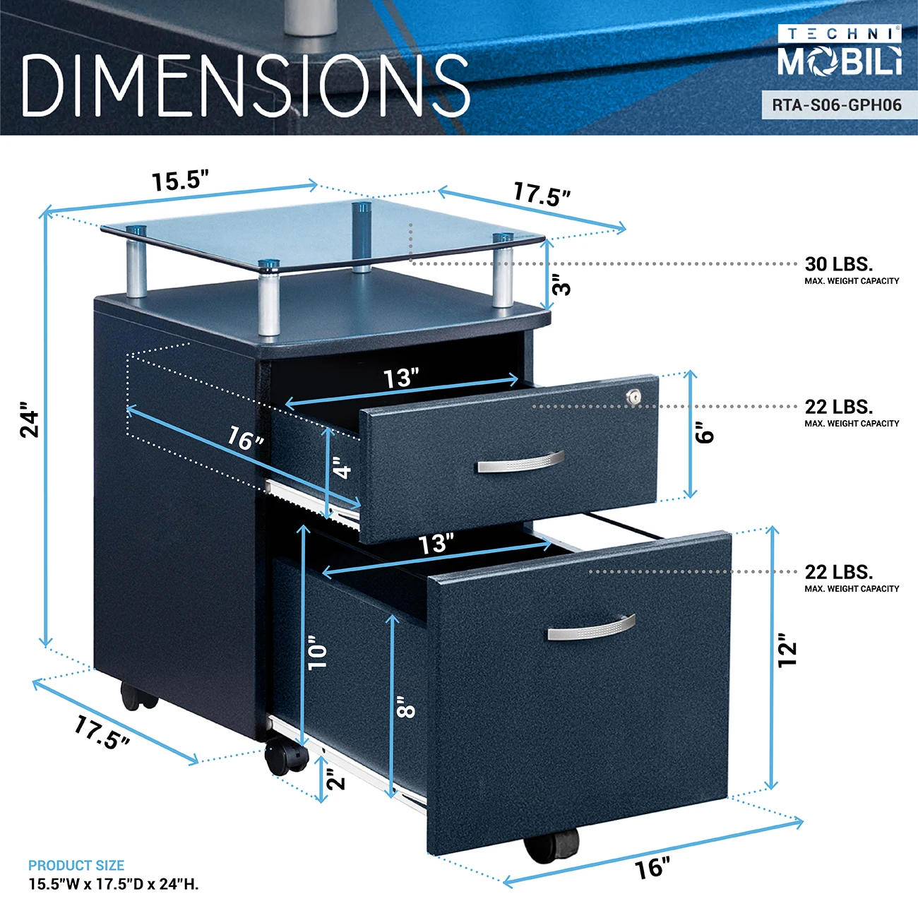 16x16.5x24 Inch Rolling File Cabinet MDF Panel with Glass Top & 1 Large 1 Small 2 Drawers Graphite[US-W]