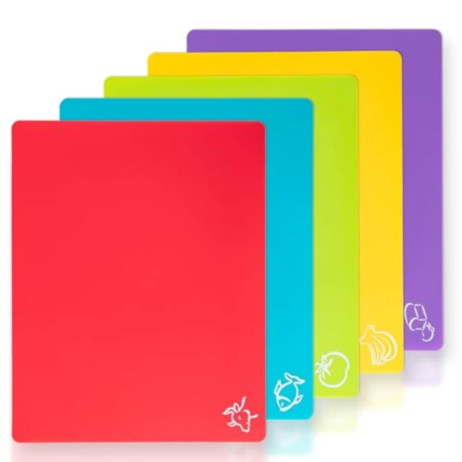 5 Pieces Flexible Plastic Cutting Board Mats with Food Icons, BPA Free Cutting Boards for Kitchen, Non Slip Cutting Mat for Mea