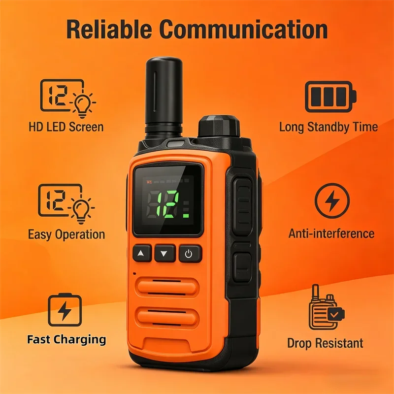 Long Range Walkie Talkie LED Display Backlit Screen Stable Signal Anti-interference Long Standby Two Way Radio with Flashlight