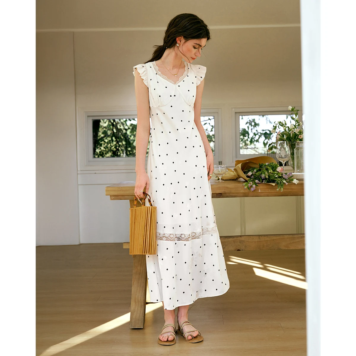 OLrain Polka Dot Kanten Jurk Dames 2025, Zomer Franse Stijl V-hals Koffiepauze Jurk Romantische Jurken Dameskleding O57XL96385 ‌