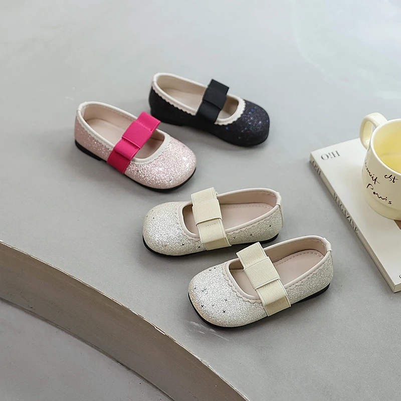 

2025 Girls Bowknot Ballet Shoes Sequins Spring Autumn Children Fashion Leather Shoes Round-toe Princess Kids Causal Flat Shoes