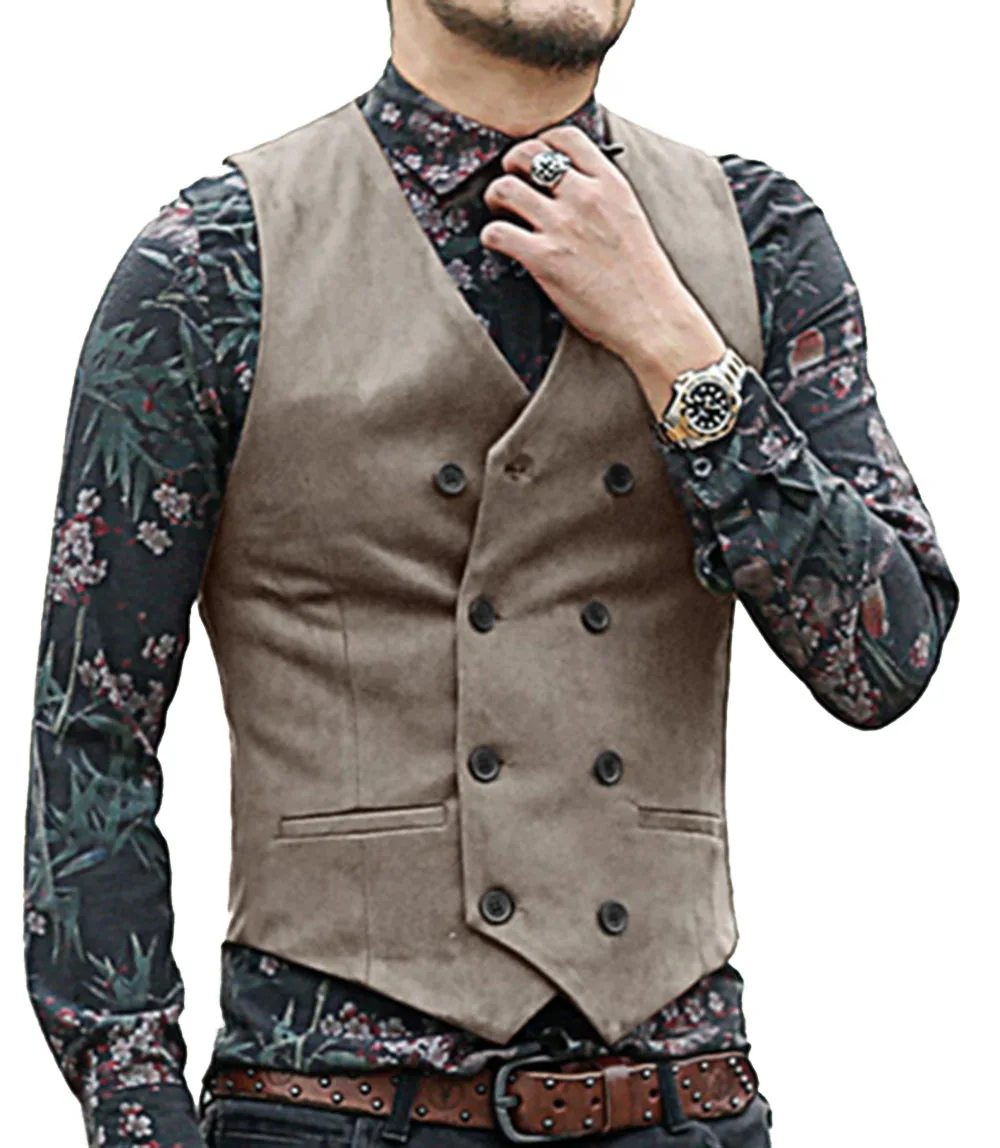 Men Suit Vest Light Grey V Neck Suede Brown Black Double-breasted Slim Fit Waistcoat Casual Formal Business Groomman Suit Vests